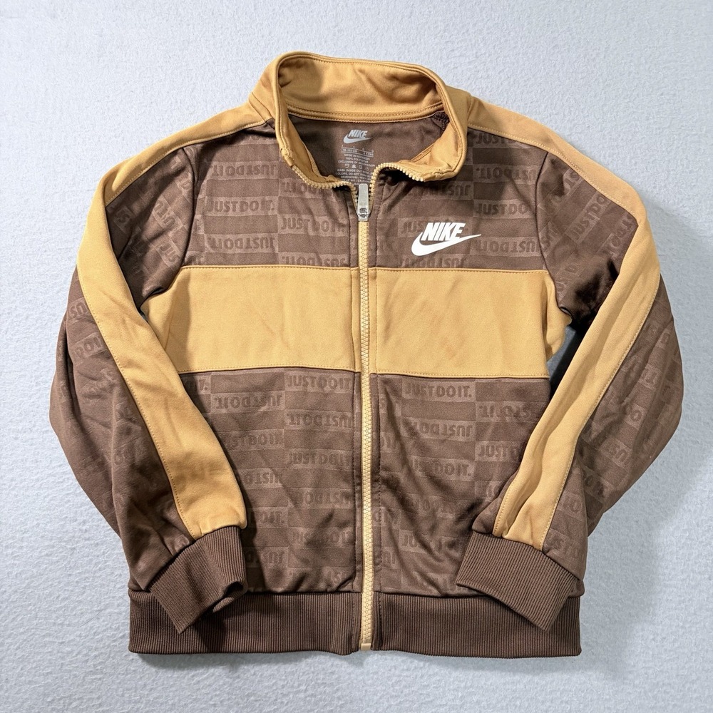 Nike Jacket Full Zip Sweatshirt Boys 7 Large 6-7 Kids Brown 70s Look Track Warm